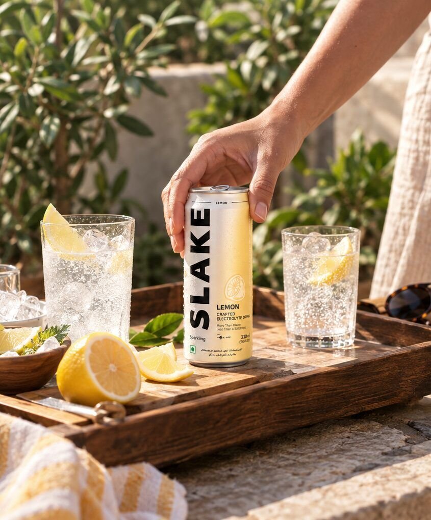 SLAKE Lemon can on a sunny terrace with iced lemon highballs