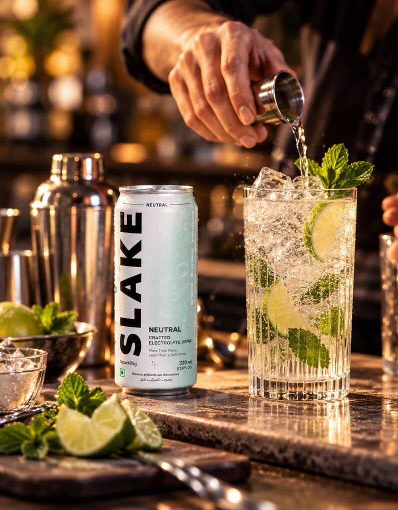 A bartender pouring a mint and lime long drink beside a SLAKE Neutral can