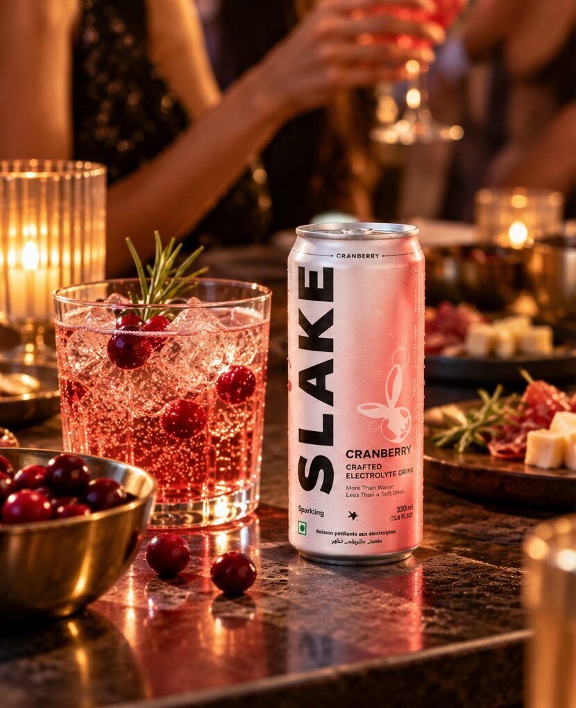 SLAKE Cranberry can on a candlelit table with cranberry long drinks